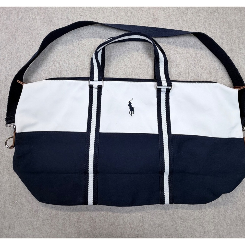 Ralph Lauren Duffle Bag Unisex Large Navy White Striped Canvas Weekender Bag